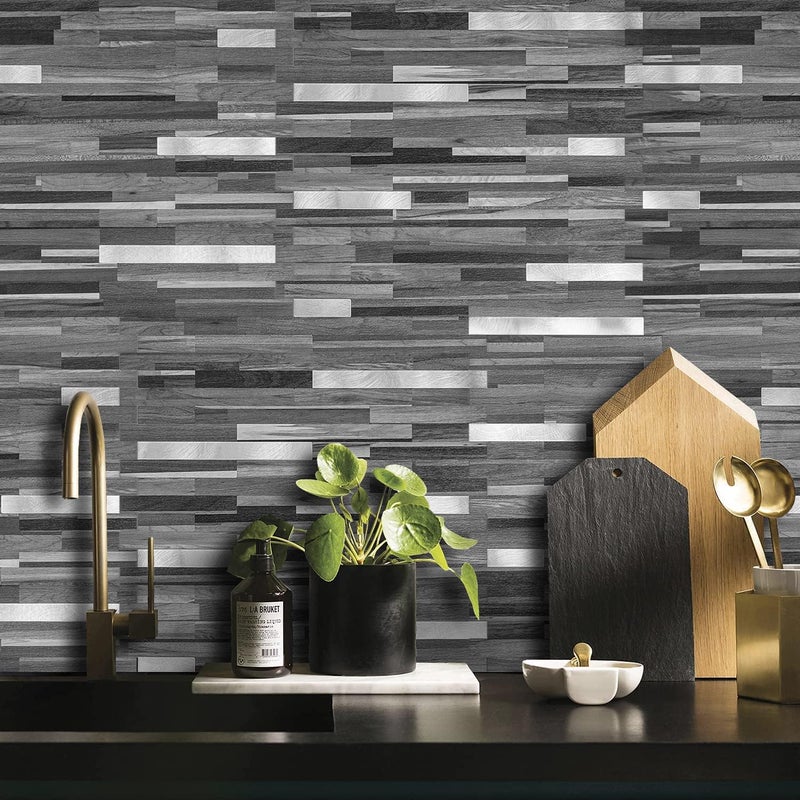DICOFUN Peel and Stick Backsplash Tiles, Black & Grey Wood Look PVC Mixed Metal Stick on Backsplash Tiles, 1 Sheet - Image 3